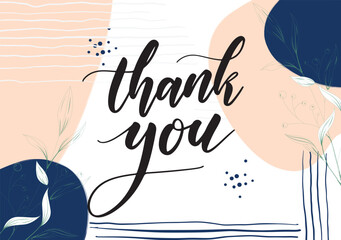 Thank you handwritten calligraphy script with abstract pastel peach and navy shapes, organic lines, modern appreciation card