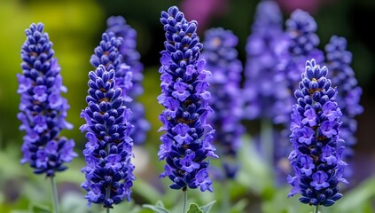 Fototapeta premium Vibrant purple lavender flowers in bloom, showcasing dense spikes against blurred green background. Perfect for aromatherapy, gardening, or natural wellness concepts.