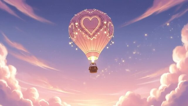 Animated hot air balloon with heart shape ascending in the sky at sunset