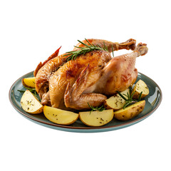Roasted chicken with rosemary and potatoes on plate complete protein source ready to eat meat poultry dish perfect for healthy diet 
