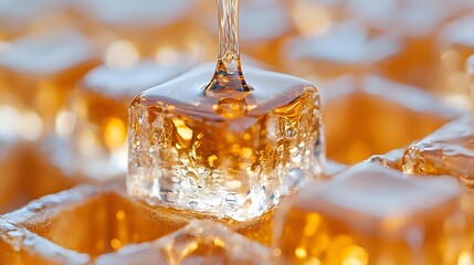 Golden honey dripping onto transparent sugar cube with amber bokeh background, creating luxurious food photography for culinary advertising.
