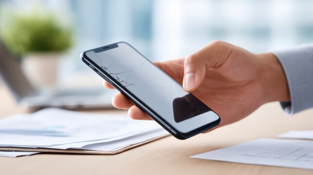 Hand holding smartphone with blank screen, surrounded by documents and office supplies, showcasing modern technology and workspace environment with copy space for design