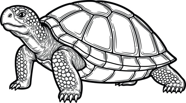 Detailed black and white sketch of a tortoise with a textured shell