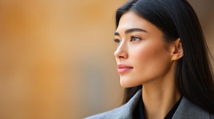 Asian woman with long dark hair, wearing a stylish gray coat, gazes thoughtfully into the distance, showcasing elegance and confidence in a soft, blurred background