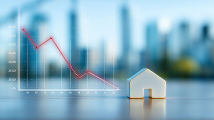 Miniature dwelling symbolizes declining property values against blurred metropolitan skyline backdrop.
