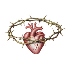 Sacred heart of jesus art with crown of thorns antique religious symbol illustration isolated on transparent background for design element