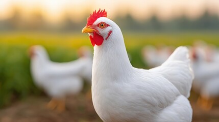 Fototapeta premium White chicken with red comb stands prominently in a vibrant farm setting, surrounded by blurred chickens, showcasing rural life and poultry farming practices