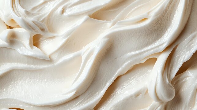Creamy white frosting with smooth swirls and soft peaks, creating a luxurious texture for dessert decoration or food photography background.