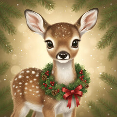 Adorable Baby Deer with Christmas Wreath and Winter Snowflakes