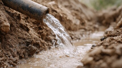 Water flowing from a pipe into a muddy trench, surrounded by loose soil and gravel, illustrating the process of irrigation and water management in agricultural settings