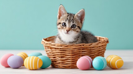Adorable tabby kitten sitting in a woven basket surrounded by colorful Easter eggs, creating a cheerful and festive atmosphere for spring celebrations