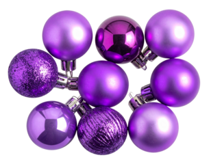 Cluster of Purple Christmas Balls, Slight Overlap, Top-Down View, Isolated on Transparent Background.