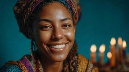 A woman smiles brightly against a teal backdrop during Kwanzaa, AI