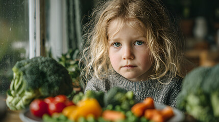 Healthy eating habits for children A young girl declines vegetables