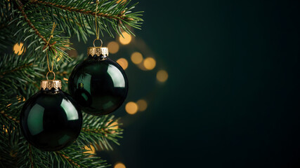 Elegant spruce Christmas tree with glossy ornaments and warm golden bokeh lights, perfect for festive cards and winter themes.