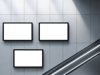 A minimalist public interior showing three blank advertising displays with white surfaces and slim black frames mounted unevenly on a textured gray wall. A metallic escalator with strong reflections r