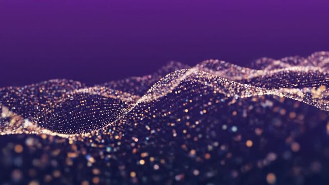 Gentle oscillation of flowing abstract particle light waves across a gradient deep purple and blue background creating a futuristic ethereal environment data, space, template