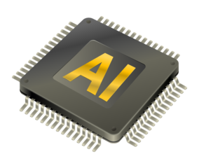 An AI chip with golden letters AI. Artificial intelligence chip illustration, isolated on transparent, 3D.