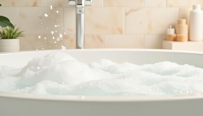 Bathtub filled with white bubbles and splashing water. Relaxation and self-care concept. Wellness routine with refreshing bath for hygiene.