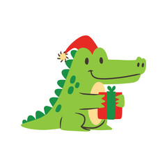 Festive Crocodile with Christmas Gift Illustration.