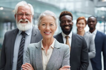 Diverse smiling business people standing together in a modern office setting.