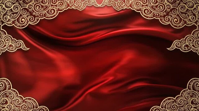 Elegant red fabric with ornate golden border background