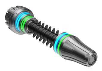 Futuristic sci-fi weapon component with glowing blue and green bands, isolated on transparent background, for gaming, technology, and design use cases