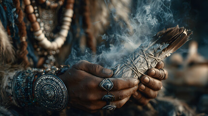 Faceless shaman conducting traditional smudging ceremony defocused smoking herbs background spiritual purification ritual healing practice indigenous tradition ceremonial