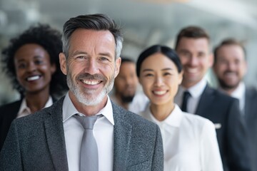 Diverse business team smiling confidently in a bright office setting.
