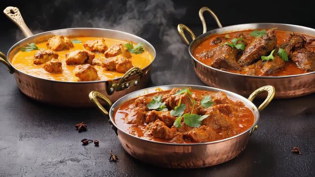 Delicious Indian curries simmering in copper serving dishes, perfect for restaurant menus or cooking blogs, promising rich flavors and exotic spices