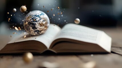 Wisdom book reveals Earth and celestial bodies floating. Cosmic dust sparkles above pages. Education unlocks universal knowledge, discovery, and personal growth.