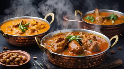 Aromatic Indian curries steaming in copper bowls, delicious tempting food perfect for restaurant menus and authentic cuisine promotions