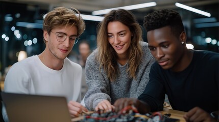 Engineers gathered around a table testing a functional electronics prototype, wires connected to diagnostic tools while performance graphs update in real time — hardware innovation, engineering