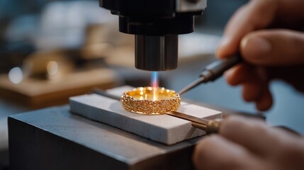 A jeweler using a micro-laser welding tool to repair a delicate gold ring, pinpoint heat illuminating the fine metalwork — luxury craftsmanship, precision jewelry repair, and high-end restoration
