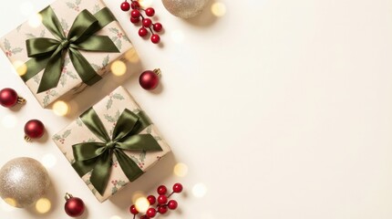 Christmas gifts with green ribbons red berries and ornaments are arranged on a light colored surface with bokeh lights