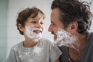 Father and son playfully covered in white shaving foam indoors