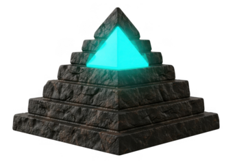 Stone pyramid with glowing cyan light isolated on transparent background for game assets, spiritual designs, and sci-fi themes