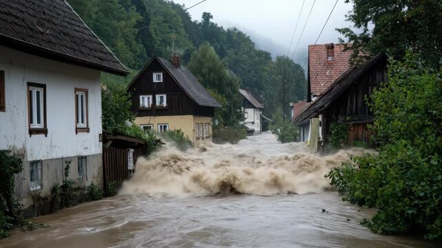 Heavy rainfall causes catastrophic river overflow, an unstoppable torrent of brown water surges violently past old European houses, creating a dangerous village inundation.