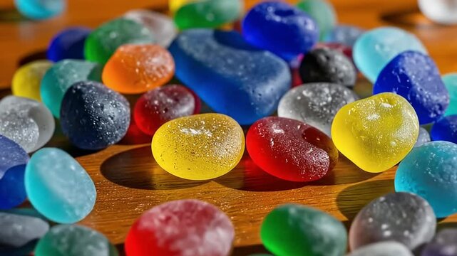 A captivating close-up showcases a vibrant collection of rounded, multicolored objects, resembling smooth, translucent glass pieces or polished pebbles. Each element presents a unique hue, ranging fro