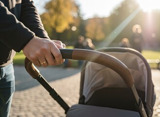 Parent Pushing A Stroller In The Park On A Sunny Day With Golden Hour Lighting