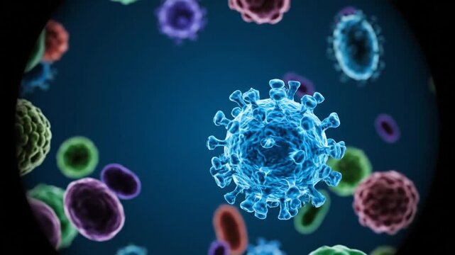 Microscopic View Of Coronavirus And Other Bacteria And Viruses Floating In Blue Liquid Dark Background Illuminated By Medical Science Lighting