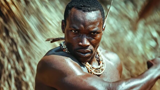 Zulu warrior, powerful, determined, stares intently. Traditional African beads, a striking feather headdress, defining his strong cultural identity in a wild setting.