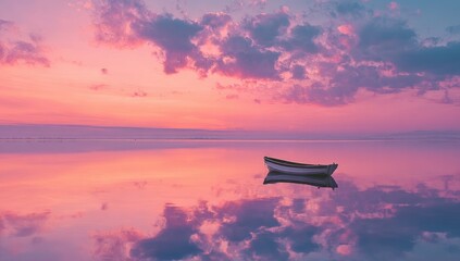 A small, weathered boat sits serenely on a calm, pink-hued body of water at sunrise, its reflection perfectly mirrored on the still surface beneath a vibrant, colorful sky filled with fluffy clouds
