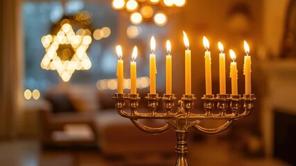 Golden Hanukkah menorah shining with bright candles during a sacred Jewish festival. Blurry glowing Star of David adds spiritual warmth to the cozy evening.
