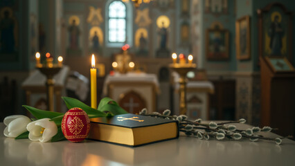 Close up of Christian Orthodox Easter composition with decorated red egg, bible, candle, tulips and willow branches in church interior with iconostasis