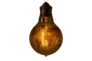 Light bulb with a world map design glowing, representing global ideas, innovation, and worldwide brilliant electrical energy