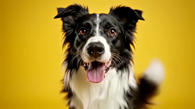 Black and white Border Collie dog proudly sits on bright yellow surface, capturing the concept of freedom and mental clarity, perfect for use in marketing campaigns or as a visual metaphor for.