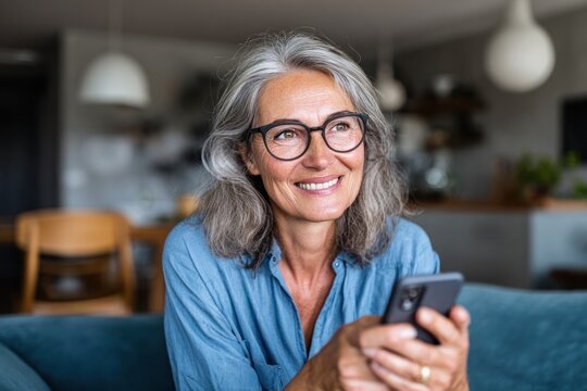 Smiling older woman with gray hair holds a smartphone indoors. - Powered by Adobe