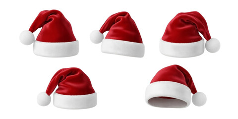 Five Red Santa Hats in Different Poses on a Black Background Christmas hat holiday hat isolated on a transparent background