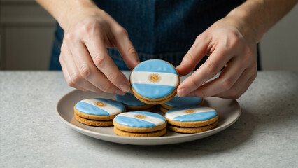 Hands holding a homemade cookie decorated with the Argentinian flag. Patriotic alfajor dessert for a national holiday celebration
